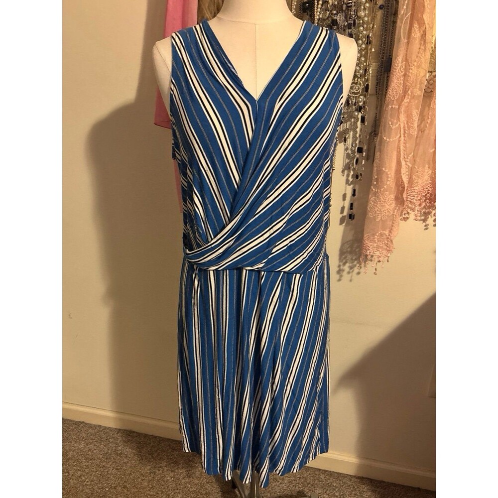 Pink Rose Striped Surplice Midi Dress XL Blue White Black Faux Wrap Sleeveless